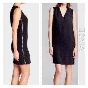 Vince Black Crepe Shift Dress Leather Accents Sleeveless Size 4 LBD